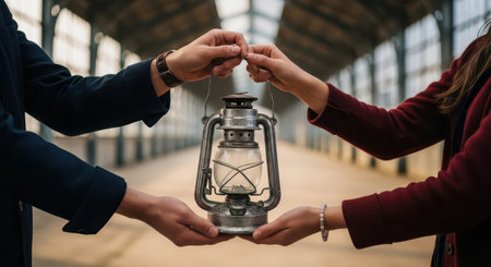 Two hands, one male and one female, carefully holding a vintage unlit kerosene lantern, symbolizing shared journey, guidance, and hope in a grand hall.の素材