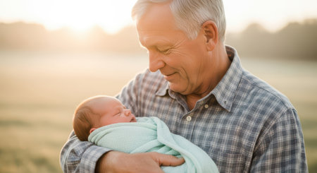 Elderly man tenderly holds a swaddled newborn baby outdoors during golden hour, symbolizing family, generations, and new life.の素材