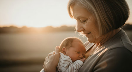 Grandparent gently holding a sleeping newborn baby outdoors, bathed in the soft, warm light of a sunrise, symbolizing new life and family love.の素材