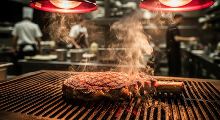 Perfectly seared ribeye steak cooking on a hot cast iron grill with smoke rising, illuminated by red heat lamps in a professional restaurant kitchen with blurred chefs.の素材