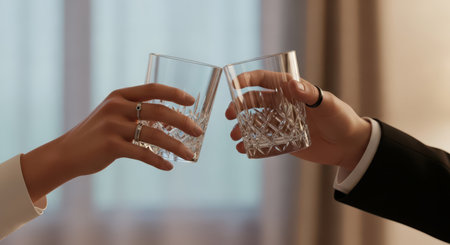 Man and woman hands clinking elegant crystal glasses in a celebratory toast. symbolizing success, partnership, and special events in a sophisticated setting.の素材
