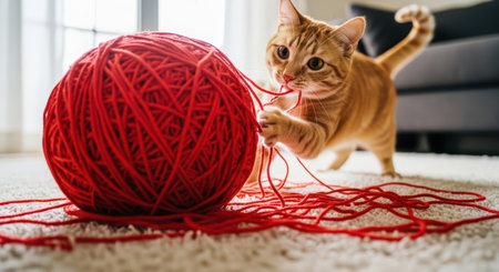Orange tabby cat playfully batting at a large red ball of yarn, unraveling strands across a light carpet indoors. focus on pet activity and domestic fun.の素材