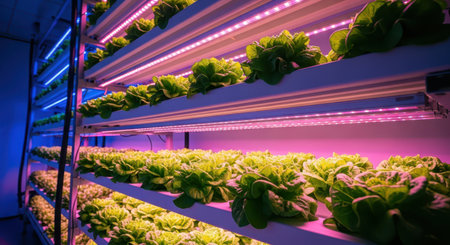 Vibrant green lettuce plants growing in a high tech indoor hydroponic farm, illuminated by colorful LED grow lights. modern agricultural technology for sustainable food production.の素材