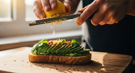 Hands zesting fresh lemon peel over a slice of avocado toast with sliced avocado, cilantro, and spices on a wooden cutting board, illuminated by sunlight.の素材