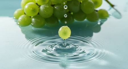 Glistening fresh green grapes with water droplets falling and creating ripples on a light blue surface, emphasizing freshness and hydration.の素材