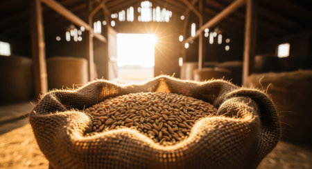 Golden wheat grains overflowing from a burlap sack, illuminated by bright sunlight inside a rustic wooden barn. represents harvest, agriculture, and abundance.の素材