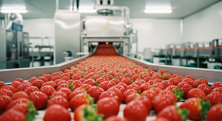 Fresh red strawberries on a conveyor belt in a clean, brightly lit fruit processing plant. automated machinery ensures quality control and efficient food production.の素材