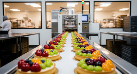 Rows of vibrant fruit tarts with fresh berries and grapes moving along a conveyor belt in a clean, automated food processing plant.の素材