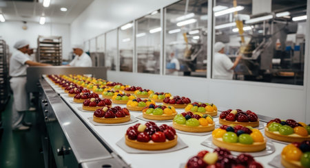 Colorful fruit tarts on a production line, showcasing automated food manufacturing in a clean, professional bakery environment.の素材