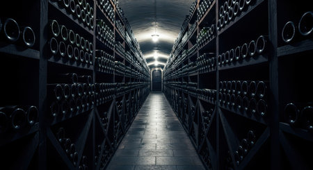 Traditional wine cellar with rows of vintage wine bottles meticulously stored on dark wooden racks, extending into a deep perspective.の素材