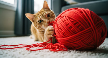 Curious orange tabby cat playfully batting a large red yarn ball on a light carpet, unraveling strands. domestic pet fun and mischief.の素材