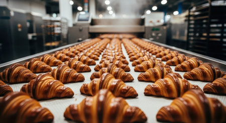 Golden brown croissants moving along an automated conveyor belt in a large scale industrial bakery, showcasing efficient food production.の素材