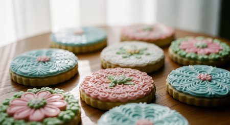 Frosted sugar cookies adorned with intricate floral patterns in pastel colors, arranged on a rustic wooden surface, showcasing detailed icing designs.の素材