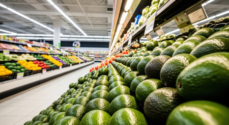 Rows of fresh, ripe green avocados meticulously stacked on a display in a brightly lit supermarket produce aisle, with other colorful fruits and vegetables in the background.の素材