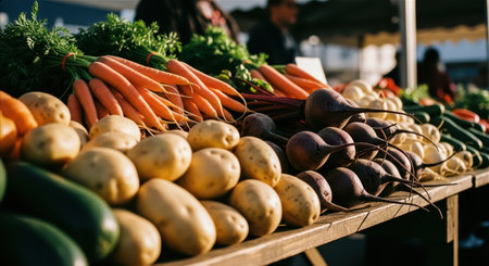 Assortment of vibrant, freshly harvested root vegetables including carrots, potatoes, and beets displayed on a rustic wooden stall at a bustling farmers market.の素材
