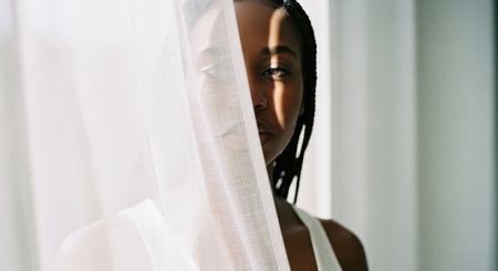 Young black woman partially obscured by a sheer white curtain, with natural light casting a shadow across her face, creating a contemplative and private mood.の素材