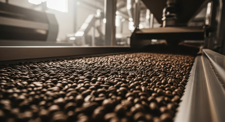 Roasted coffee beans on a conveyor belt in a modern industrial facility, showcasing the production process of coffee.の素材