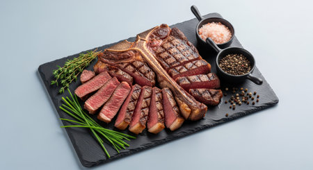 Perfectly cooked medium rare t bone steak, expertly sliced and arranged on a dark slate board with fresh thyme, chives, pink salt, and black peppercorns.の素材