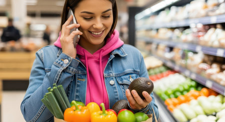Smiling young woman holding an avocado and talking on her mobile phone in a supermarket produce aisle. she carries a bag of fresh vegetables and fruits.の素材
