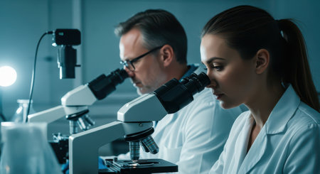 Male and female scientists in lab coats intently examining samples through microscopes in a modern research laboratory, focused on scientific discovery and analysis.の素材