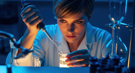 Female scientist in a lab coat meticulously pipetting a clear liquid into a beaker, demonstrating precision and focus during a scientific experiment.の素材