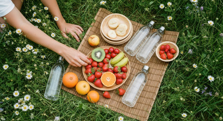 Healthy summer picnic with fresh fruits, water bottles, and cookies on a bamboo mat in a field of daisies, seen from above.の素材