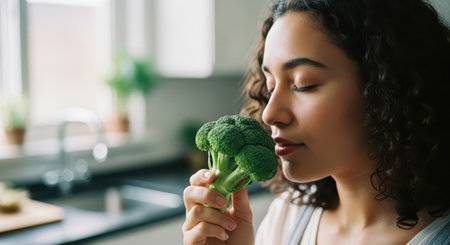 Young woman with eyes closed, holding a fresh green broccoli floret to her nose, savoring its natural aroma in a bright kitchen. healthy eating and wellness concept.の素材