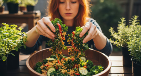 Young woman with red hair mixing a vibrant quinoa salad with kale, cucumber, and red peppers in a large wooden bowl on a sunny outdoor table.の素材