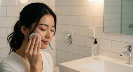 Young asian woman gently cleansing her face with a white cotton pad in a bright, modern bathroom, focusing on her daily skincare routine.の素材