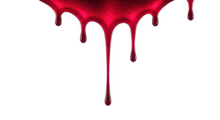 Crimson liquid with a glossy, viscous texture drips and flows downward, isolated on a pure white background. represents concepts of blood, paint, or sweet syrup.の素材