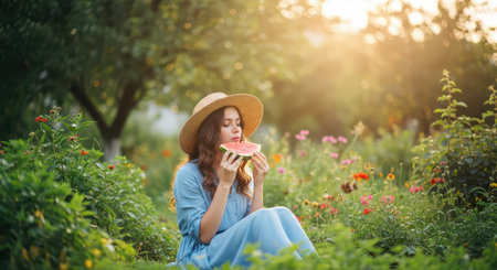 Young woman in a straw hat and blue dress sitting in a vibrant green garden, enjoying a slice of fresh watermelon under warm summer sunlight.の素材