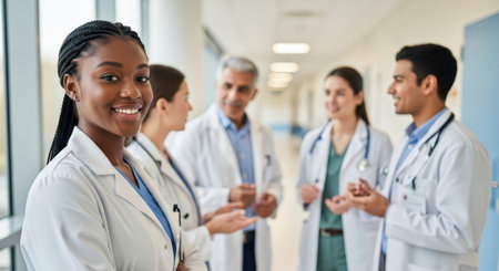 Confident young black woman doctor smiling at camera in a modern hospital hallway, with a diverse medical team conversing in the blurred background.の素材