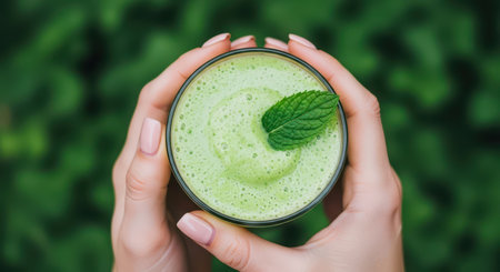 Woman hands holding a glass of vibrant green smoothie, garnished with a fresh mint leaf. healthy, refreshing, and natural detox beverage for wellness.の素材