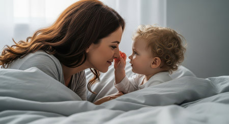 Loving mother with auburn hair and her curly haired baby boy share a tender, intimate moment while lying comfortably on a soft bed.の素材