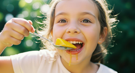 Young girl laughing with wide eyes, eating a juicy yellow fruit from a spoon outdoors, with fruit juice dripping from her mouth. childhood happiness and healthy eating concept.の素材