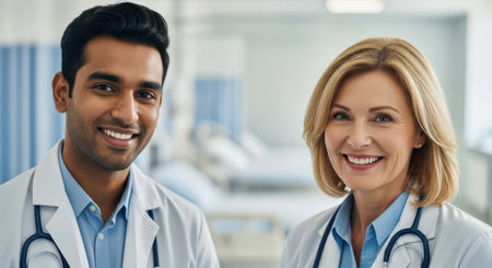 Two smiling diverse doctors, a man and a woman, wearing white lab coats and stethoscopes, standing in a hospital environment.の素材