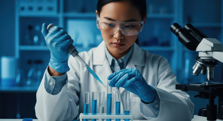 Female scientist in a lab coat and safety glasses pipetting blue liquid into test tubes for medical research and scientific discovery.の素材