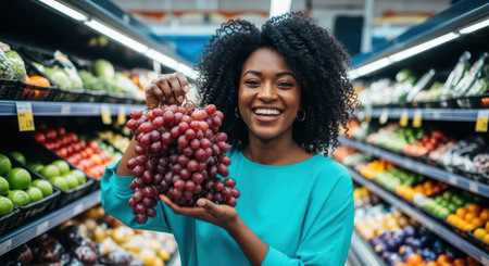 Joyful african american woman holding a large bunch of fresh red grapes, smiling in a brightly lit supermarket produce aisle with various fruits and vegetables.の素材