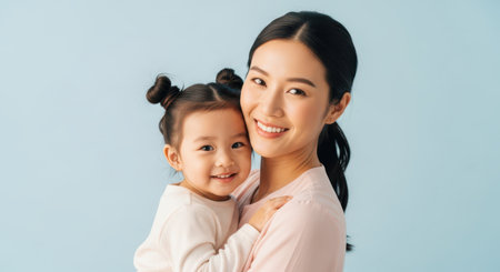 Smiling asian mother holding her happy young daughter in a gentle embrace. both looking at camera with joyful expressions, showcasing a loving family bond and happiness.の素材