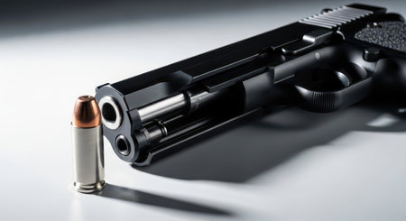 Black semi automatic handgun with its slide partially open, revealing the barrel and internal components, next to a single bullet on a white surface.の素材
