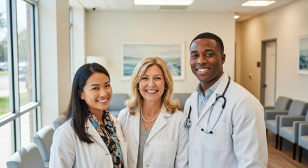 Three diverse healthcare professionals, two women and one man, smiling confidently in a bright, modern clinic waiting area, representing teamwork and medical care.の素材