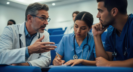 Senior male doctor in lab coat teaching two young medical students in scrubs during a hospital seminar, with one student taking notes.の素材