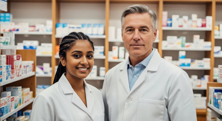 Two confident pharmacists, a mature man and a young woman, stand side by side in a modern pharmacy, surrounded by shelves of medication. represents healthcare, teamwork, and professional service.の素材