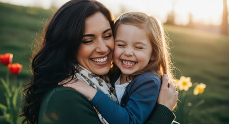 Mother and young daughter embracing tightly, both with radiant smiles and eyes closed in laughter, outdoors in golden hour sunlight.の素材