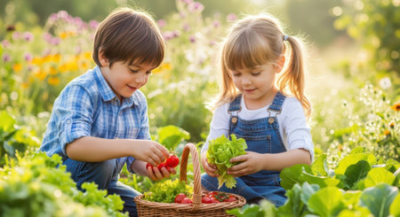Two happy young children, a boy and a girl, harvesting fresh organic vegetables like tomatoes, lettuce, and radishes into a wicker basket in a sunny home garden.の素材