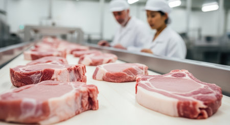 Raw pork chops on a clean conveyor belt in a modern food processing facility. workers in white uniforms observe the production line, ensuring quality and hygiene standards.の素材