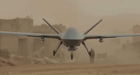 Advanced military drone hovering over a dusty desert landscape. a soldier walks in the background near damaged buildings. represents modern warfare, surveillance, and defense technology.の素材