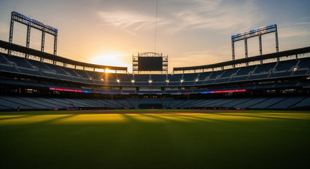 Empty baseball stadium at dusk, with the green field softly illuminated by the setting sun and stadium lights starting to glow. rows of empty seats fill the grandstands, creating an atmospheric scene.の素材