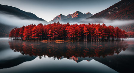 Vibrant red autumn trees perfectly reflected in the calm, still water of a lake, with misty mountains rising in the background under a soft sunrise light, creating a serene and symmetrical natural landscape.の素材