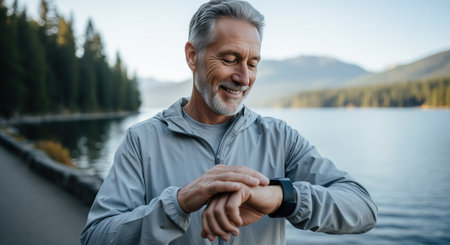Smiling senior man with gray hair checking his smartwatch after a brisk walk by a serene lake, surrounded by a lush forest and distant mountains.の素材